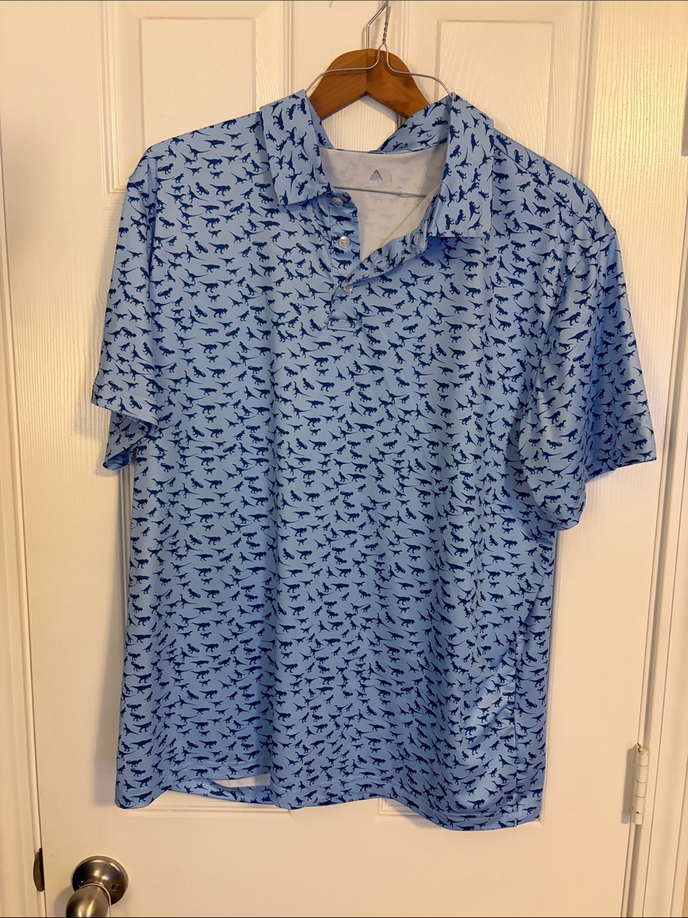 Awesome golf polo Men's Light Blue Polo Shirt with Navy Dino Print